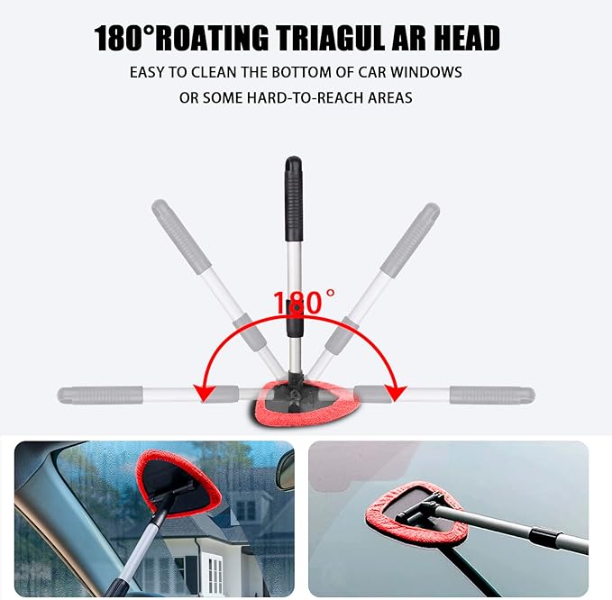 Windshield Cleaner Tool - Portable Car Interior Window Cleaning Kit with Extendable Handle, 4 Microfiber Towel Pads, Auto Glass Wiper for Windshield, Universal for RV, SUV, Truck (Red)