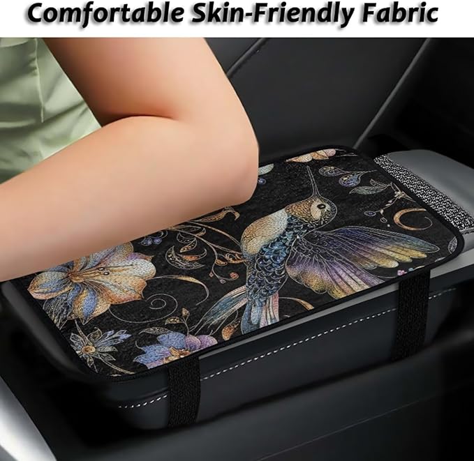 Hummingbird Floral Armrest Cover Car Warm Non-Slip Middle Console Covers Comfortable Elastic Middle Console Lid Cover Pad Protector Elbow Compatible with Cars,SUV,Trucks