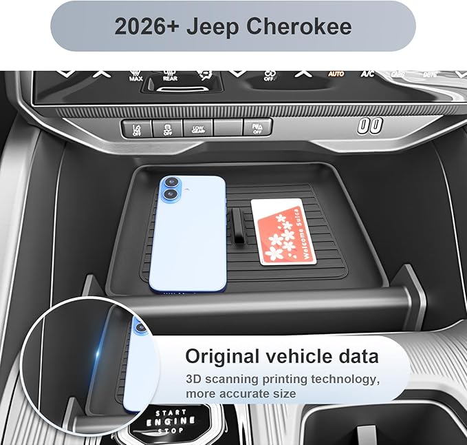 SKTU for 2026 Jeep Cherokee Wireless Charging Mat 2026+ Jeep Cherokee (Base/Laredo/Limited/Overland) Center Console Non-Slip Pad 2026 Cherokee Accessories 2026 Cherokee Rubber Console Mat Durable