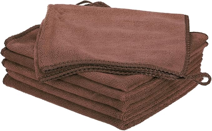 HARFINGTON 6 Pack Microfiber Cleaning Cloth, 14" x 14" Multi-Functional Cleaning Towels Reusable Absorbent Rags with Hook for Car Wash Kitchen Household Window Clean, Brown