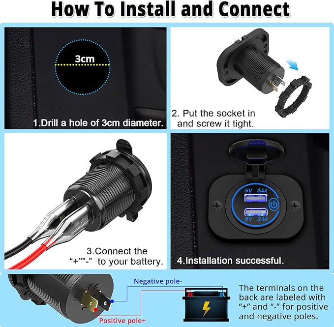 Dual USB Socket 12V Marine Outlet with Switch Golf Cart USB Port 12 Volt DC Car Charger Mount Waterproof Cigarette Lighter Power Adapter DIY Kit Fast Charge with Blue LED for Boat Motorcycle ATV RV