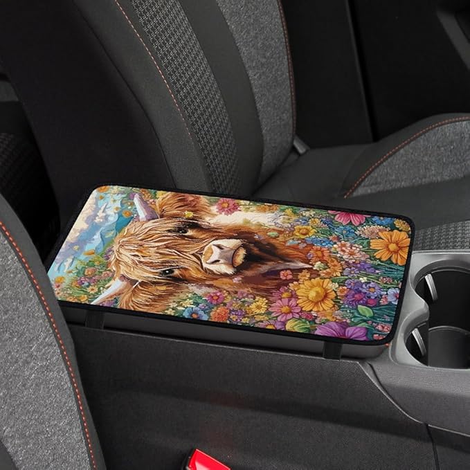 1pc Center Console Armrest Cover Pad 12.6x7.5 inch Highland Cow Neoprene Car Armrest Cushion Waterproof Armrests Seat Box Cover Protector for Universal Cars Vehicles SUVs