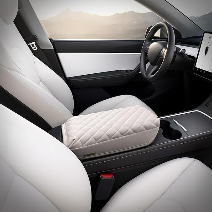 KMMOTORS Fits Model y, Model 3 (2021-2024) Center Console Cover Quilting White, Armrest Cushion, Console Protector, Vegan Leather, Model 3 Accessories, Model y Accessories (Creamy White)