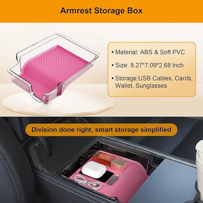 Pink Center Console Organizer 5PCS for Tesla Model Y Accessories 2024-2020 (Not Fit Juniper) Armrest Storage Tray with Hidden Box, Cup Holder Insert & Under Seat Storage - Custom Fit Interior Decor