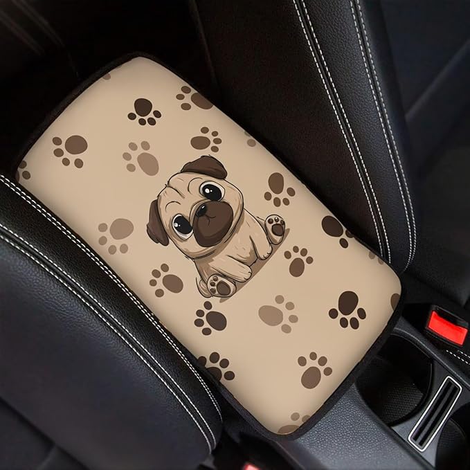 Cute Pug Car Center Console Cushion Pad for Women Dog Print Automotive Armrest Seat Box Cover Universal Fit Most Vehicles Sedan Van Truck SUVs