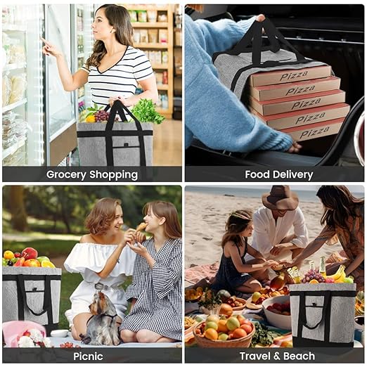 CIVJET Insulated Reusable Tote Bag for Grocery Shopping for Women, Insulated Pizza/Food Delivery Bag to Keep Food Cold/Hot, Waterproof PRO, Grey, 1PK