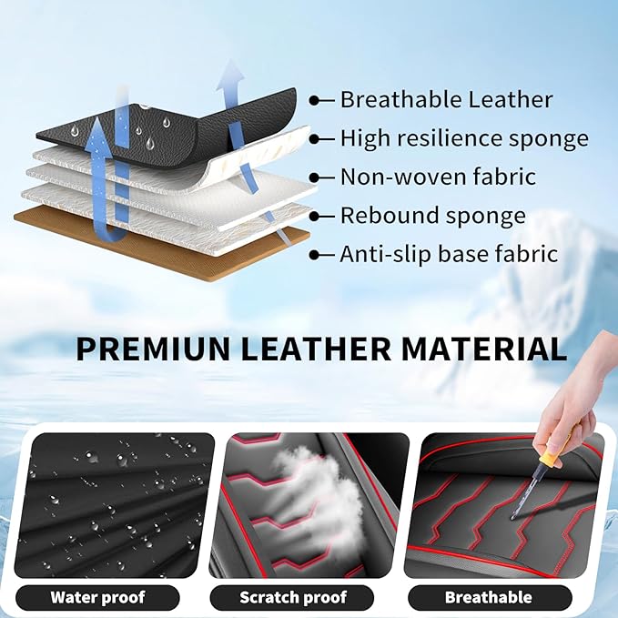 Fit Leaf Car Seat Covers Compatible with Nissan Leaf 2012-2025 2026 - Full Set Premium Leather， Waterproof Breathable， All-Weather Seat Cushion Protecto&Airbag Compatible（Red Line Black