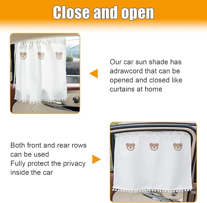 Car Side Window Sun Shade Privacy Curtain for Baby - Blackout UV Protection Car Window Shades with Suction Cup for Back Seat - Cute Auto Camping Windows Screen Shades (Three Bears)