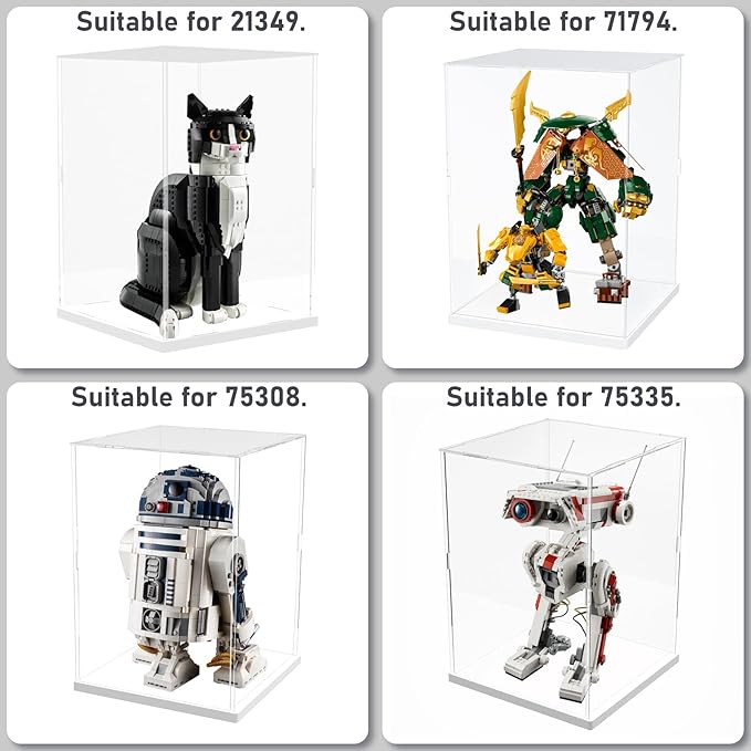 Choowin Acrylic Display Case for Lego Cat 21349 for Lego R2D2 75308 for Lego Transformers Soundwave 10358 Thickened Clear Acrylic Display Cases for Collectibles Assemble Dustproof Display Box(White)