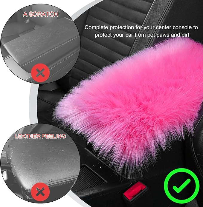 Center Console Cover, 11.81"×7.87" Automotive Fluffy Plush Center Armrest Protector, Universal Furry Comfortable Center Console Pad for Cars Trucks SUVs, Car Accessories (Dark Pink)