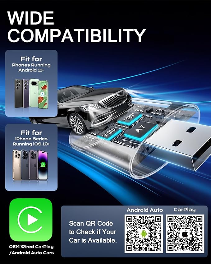 AuroraLink JC015 Wireless CarPlay & Android Auto Adapter - 2-in-1 Plug and Play Mini Dongle, Stable & No Delay Wireless USB Adapter for iPhone/Android Cars, with Dual-Band WiFi & Bluetooth 5.2