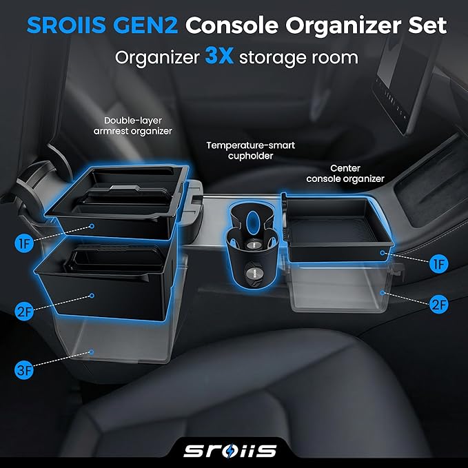 Sroiis® Gen 2 Double-Layer Center Console Organizer Set for Tesla Model 3 Highland Accessories (2024 2025 2026) True 2-Tier Storage System [ Upper Tray + Hidden Lower Compartment ] - 3PCS Jet Black