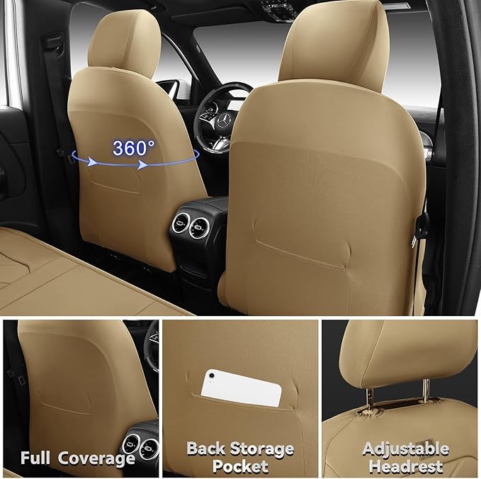 CAR PASS Luxury Nappa Leather Seat Covers Full Set, Water Resistant Faux Leather Seat Cover with Lumbar Support, Breathable Automotive Seat Covers Universal Fit for Sedan SUV Van Truck, Pure Beige