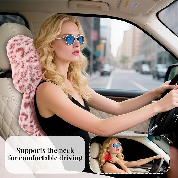 2 Pack Bow Car Headrest Pillow Comfortable Soft Plush Head Rest Cushion, Neck Pillow for Driving Office Use and Car Interior Decoration (Pink Leopard)