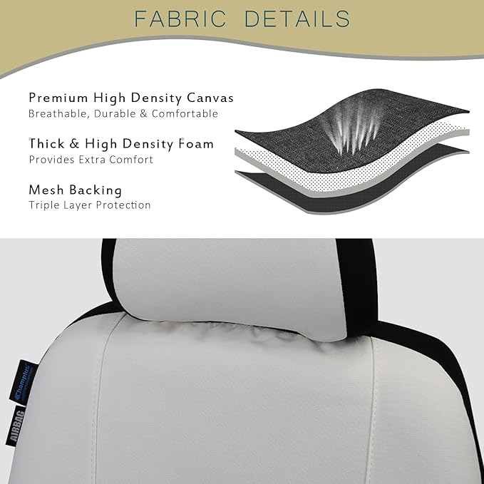 Champlus Car Seat Covers, Canvas Seat Protectors for Two Front Seats, Universal Fits Sedan Cars, SUVs, Trucks, and Mini Vans, Airbag Compatible, Quick Install, Set of 2, Tech White