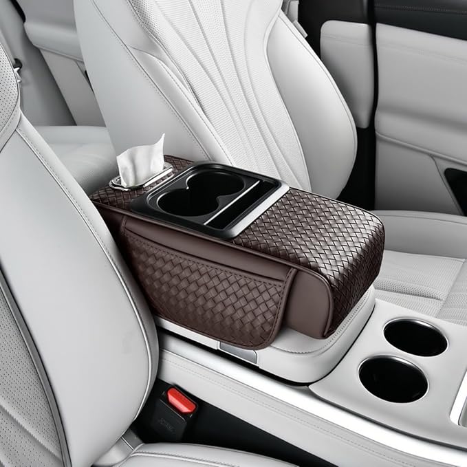 Car Armrest Cushion Cover Car Center Console Memory Foam Booster Pad with Storage Pocket and Tissue Hole for Sedan Vehicle (Cupholder - Coffee, 13.39 * 7.68 * 2.95'' / 34 * 19.5 * 7.5cm)