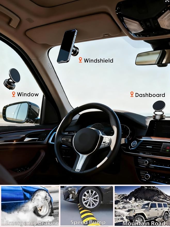 Vacuum Magnetic Car Phone Holder with Strong Magnets, 360° Adjustable Dash Cell Phone Holders, Foldabl Magsafe Car Mount with Vacuum Suction Cup for Cars/Gym/Mirror/Smooth Surface iOS Android, Black