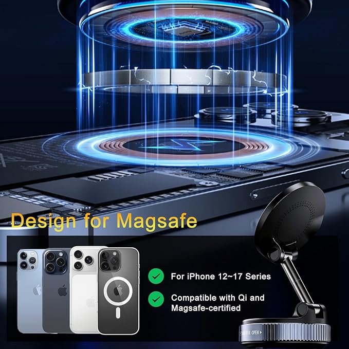 2026 Upgraded for Magsafe Car Mount Charger, 15W Fast Wireless Charging Suction Cup Phone Mount, Magnetic Phone Holder for Dashboard/Windshield, Compatible with iPhone 12-17 & All Phones