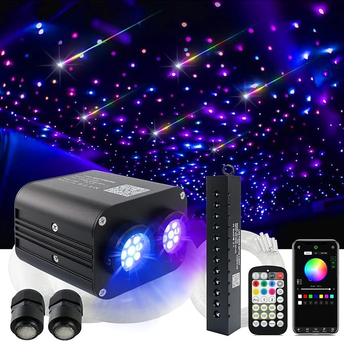 AMKI Dual Color 20W Twinkle Starlight Headliner Kit 800pcs*0.03in 13.1ft Cables+ RGB Meteor Shooting Star Fiber Optic Light Sound Activated APP/Remote Control for Car Roof Home Ceiling