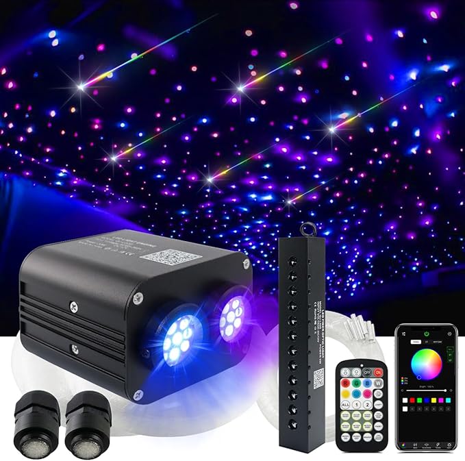 AMKI Dual Color 20W Twinkle Starlight Headliner Kit Mixed 860pcs*9.8ft Cables+ RGB Meteor Shooting Star Fiber Optic Light Sound Activated APP/Remote Control for Car Roof Home Ceiling