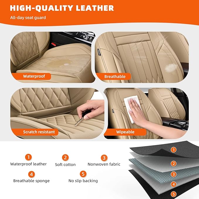 KEYOOG 2-Seater Waterproof and Breathable Nappa Leather Car Seat Covers Full Set, Fit for Front Seats of Cars, Compatible with Airbags, Car Seat Protector Covers for Most Cars - Beige