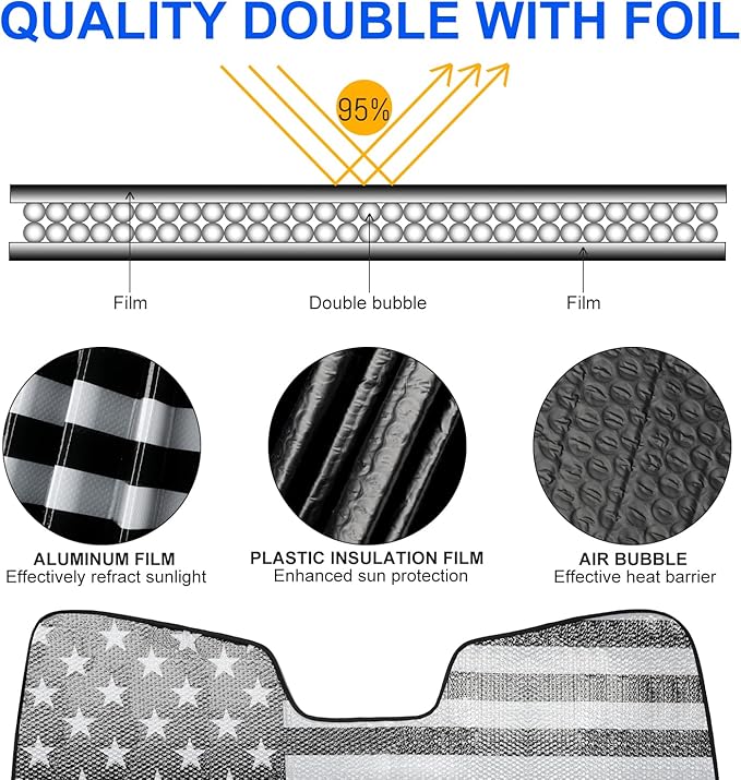 Windshield Sun Shade Compatible with Jeep Wrangler JK JKU JL JLU 1997-2023 & Jeep Gladiator JT 2020-2023 16.5"x52.5" Folding Front Window Sun Shade for Car Accessories (American Flag)