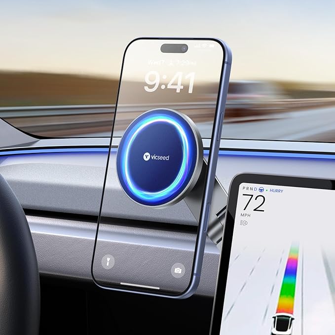 VICSEED Tesla Phone Mount【Strongest Magnet Power】 Foldable Hidden Tesla Phone Holder Fit for All Phones, Tesla Model 3/Y/Cybertruck Accessories, Tesla Model 3 Model Y for MagSafe Car Mount - Blue