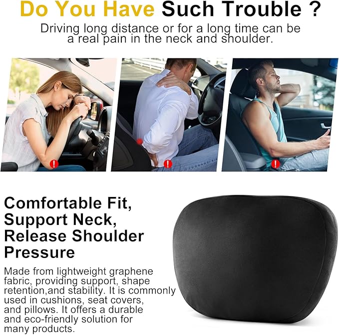 Upgrade Car Neck Pillow with Graphene Fabric Automotive Seat Cushions of Headrests for Relieving Neck Stiffness Seat Neck Support Pillow, Fits All Vehicles(Black 2-Pack)