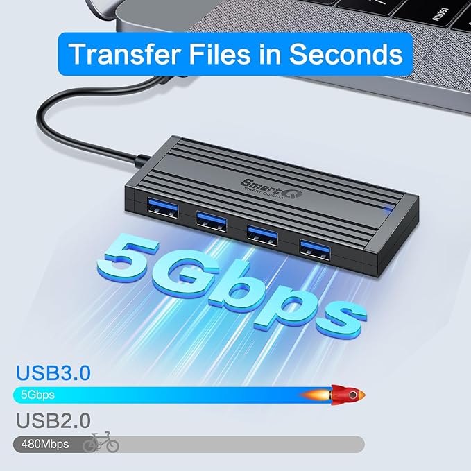 SmartQ 4-Port USB 3.0 Hub, High-Speed Data Hub, USB Port Expander for Laptop, PC, iMac, Surface Pro, XPS, Flash Drives, Mobile HDD, and More (Slim USB 3.0 Hub - 0.5 ft)