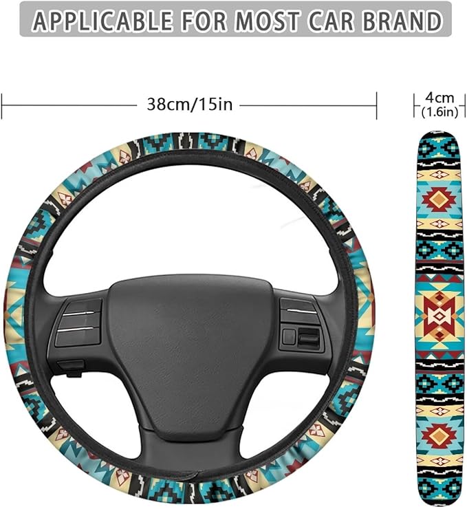 SEANATIVE Universal 15 inch Auto Car Steering Wheel Cover Aztec Turquoise Print Neoprene Car Steering Wheel Protector Cover fit Most Van Truck SUV