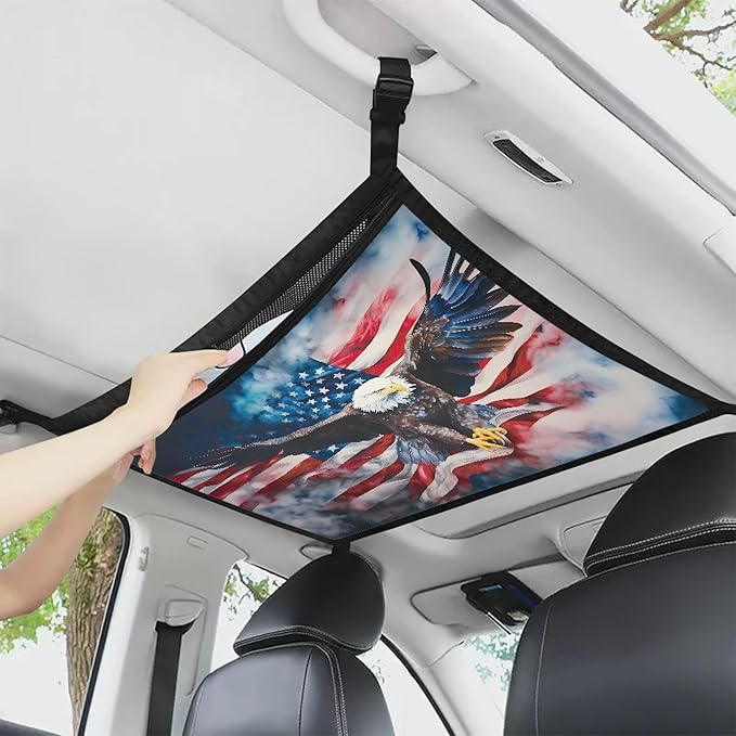 NDISTIN Eagle Car Ceiling Cargo Net Pocket with Zipper Quick Release Buckle Car Roof Cargo Net American Flag Overhead Cargo Storage for SUV Van Truck Anti-Fall Auto Accessory
