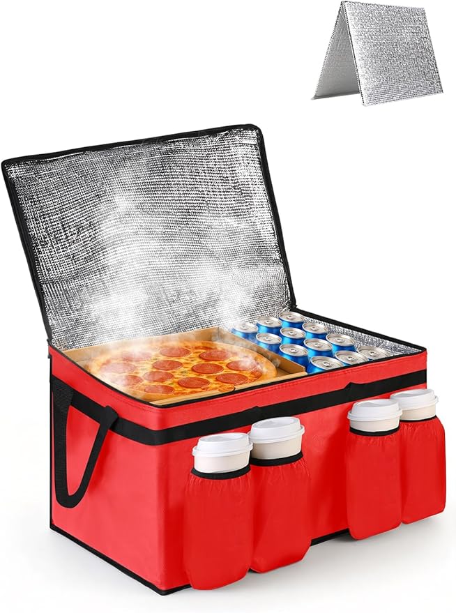 Bodaon Insulated Grocery Bags with 4 Cup Holders -Insulated Bags for Food Delivery with Zippered Top, Food Carrier for Catering, Pizza Bag and Cooler Bag for Takeout, Picnic, Shopping, Car Use