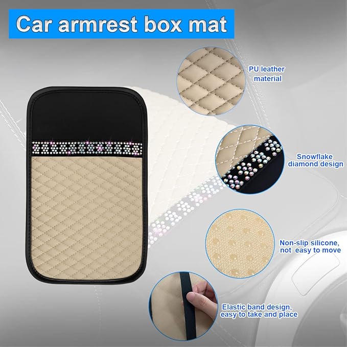 Bling Leather Car Center Console Cover, Car Center Console Protector With Glossy Crystal Rhinestone, Universal Waterproof Car Armrest Seat Box Cover For Most Car, Vehicles, SUVs, Trucks (Beige)