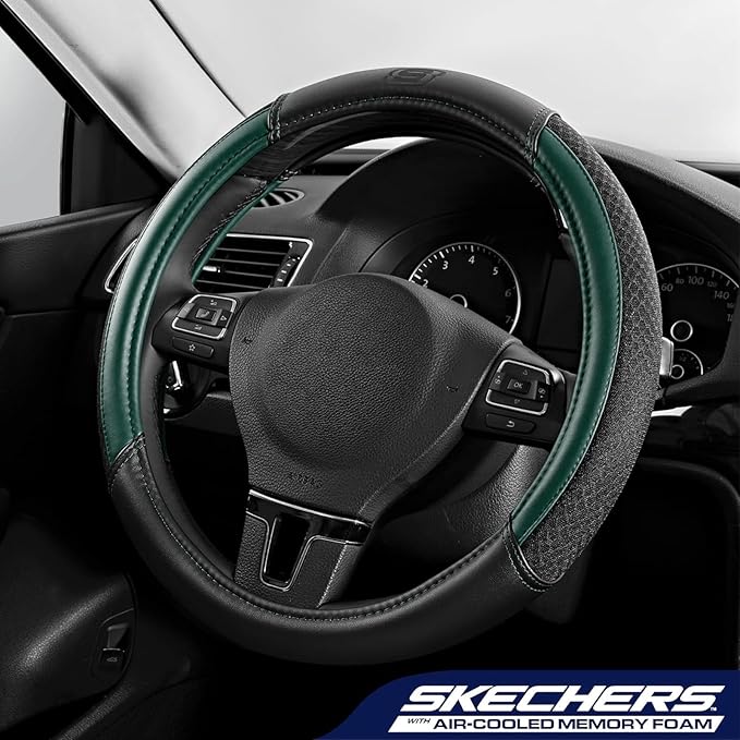 Skechers Air-Cooled Steering Wheel Cover,Leather Car Steering Wheel Cover Universal Fit 14" 1/2-15" Car Wheel Protector for Men Women Fit Suvs,Vans,Sedans,Car,Trucks,Green