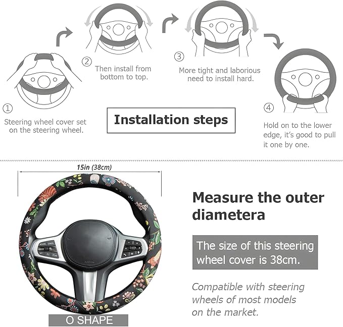 Black Cat Flower Steering Wheel Cover Auto Jacquard Steering Wheel Protector, Anti-Slip, Breathable, Absorbing Sweat, Universal Cat Car Accessories 14.5–15 inch,Fit for Most Car, Trucks, SUV