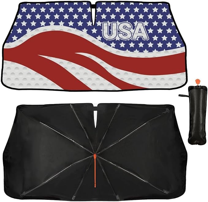 Socira American USA Flag Car Windshield Sunshade Umbrella Foldable Umbrella Sun Shade Windshield Cover Patriot Sunshade Car Accessories Blocks Uv Rays Keeps Cool (57" X 30")