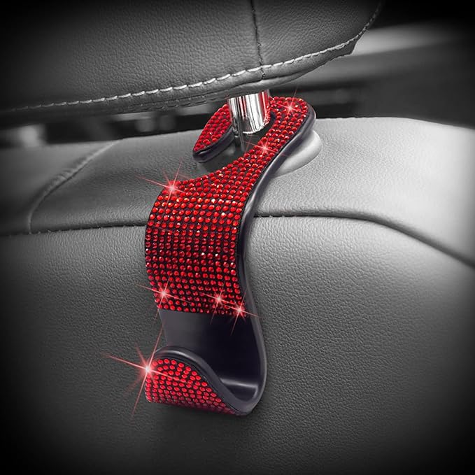 Car Purse Hook Bling Car Headrest Hook for Women Girls, 4 Packs Auto Back Seat Hangers Rear Headrest Hooks for Purse, Bag, Handbag, Grocery (Red)