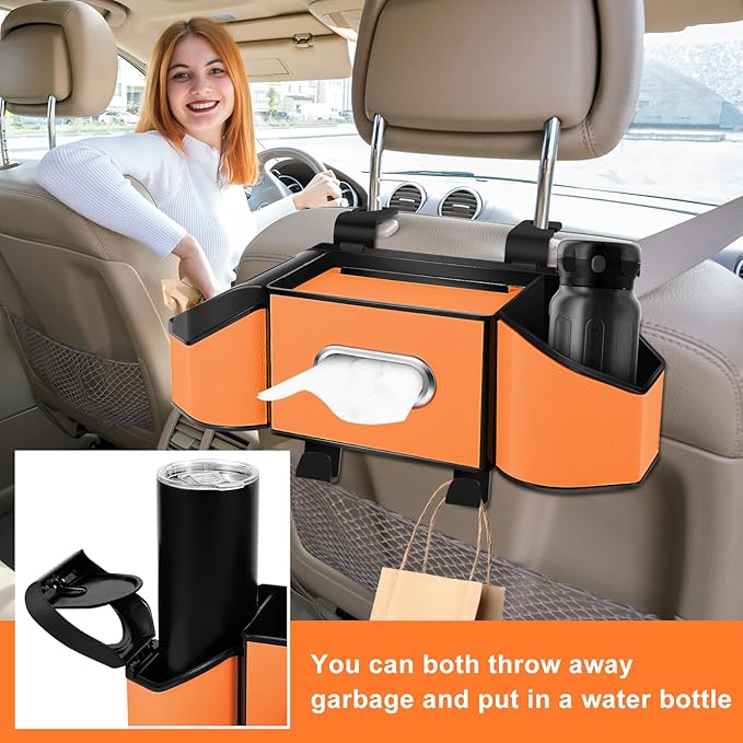 7-In-1 Car Seat Back Organizer with Cup Holders, Tissue Box, Garbage Can&Hooks, Multifunctional Headrest Storage Organizer, Headrest Cup Holder for Backseat, Car Accessories for Trips, Travels(Orange)