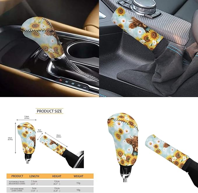 Highland Cow Print Car Accessories 6 Pcs Sets Sunflower Car Steering Wheel Cover Set for Men Women Cup Coaster Cars Armrest Cover Fits Most Cars Trucks Vans SUV