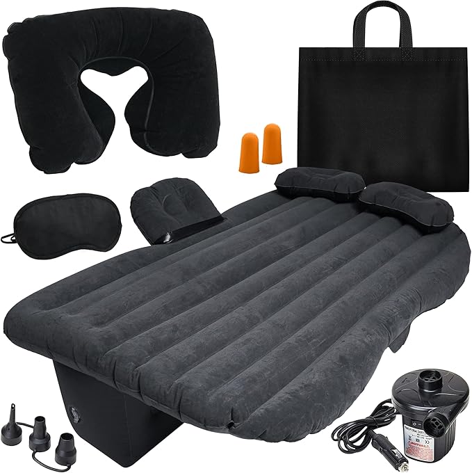 VaygWay Inflatable Car Air Mattress – Air Bed w/Pump Kit –Back Seat – Camping Vacation Blow up Bed Cushion - Sleeping Pad w/ 2 Pillows (Inflatable Car Mattress, Neck Pillow, Ear Plugs, Eye Shields)