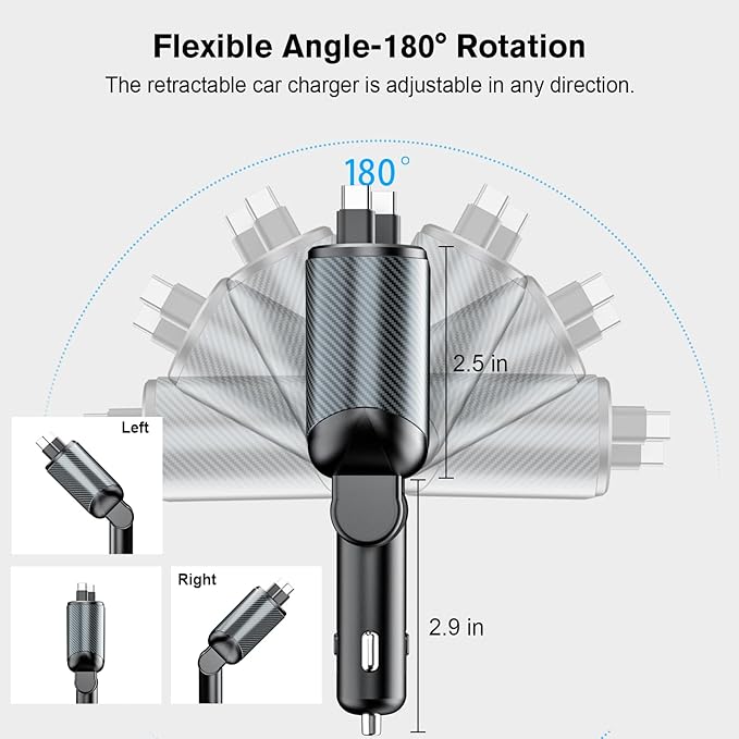 Retractable Car Charger for 4 in 1 Fast Charging Max 80W【2 Type-C Charging Cable】 for iPhone16 15/Galaxy,USB-A/C Port for iPhone16/15/14/13/Pro Max Plus,iPad,AirPods,PD 3.0 Cord
