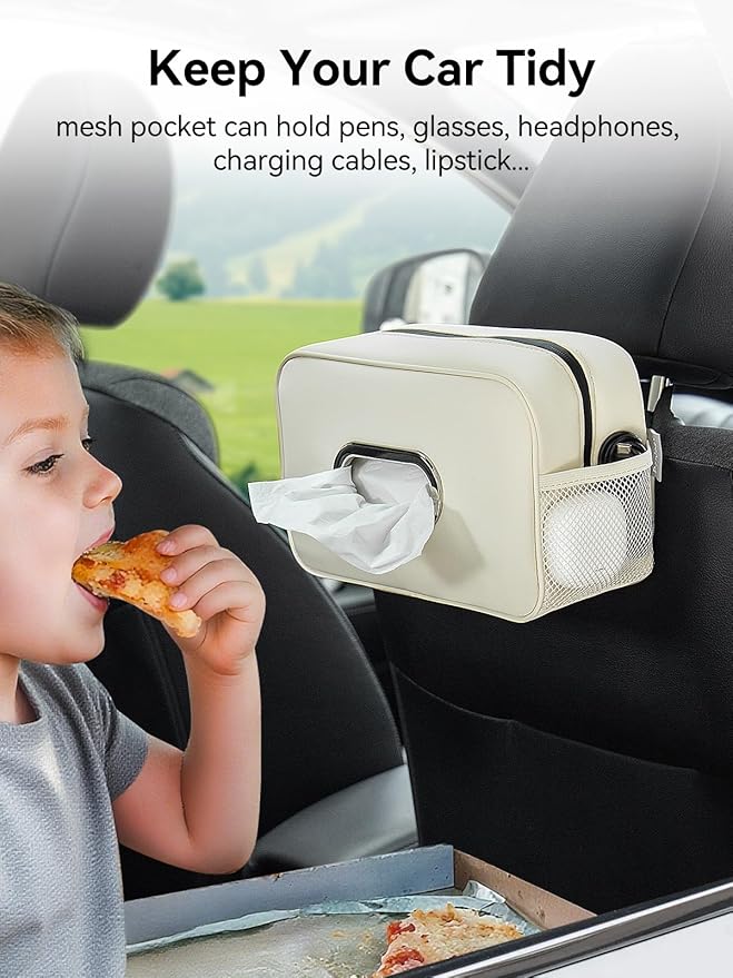 Multi-Functional Car Tissue Holder with ‌2 Storage Nets, Upgraded PU Leather Tissue Box Cover, Large Rectangle Napkin Organizer, Fit for 100-160 Regular Size Tissues, Keep Car Tidy, Beige