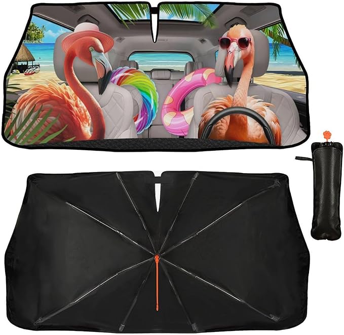 CHILL·TEK Funny Animal Car Windshield Sun Shade Umbrella, Cute Flamingo Car Sun Shade Umbrella, Block UV Rays Heat Foldable Windshield Umbrella Sun Visor Protector - Keep Vehicle Cool for Cars SUV