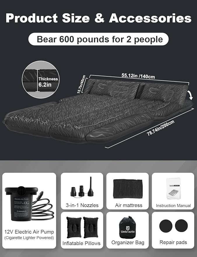 Umbrauto SUV Air Mattress for Car Camping, Leakproof & Quick Inflation Sleeping Airbed with Electric Pump, Fits Most Compact, Mid-Size & Full-Size SUV Trunks for Road Trip Travel