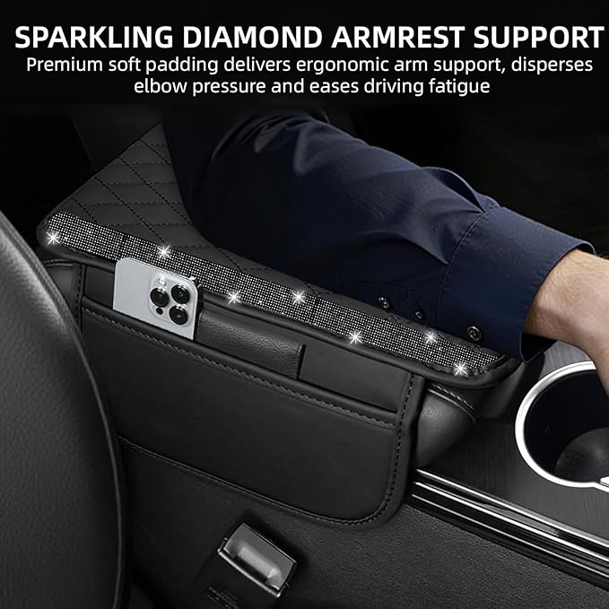 NBTEPEM Bling Car Center Console Cover, Leather Car Arm Rest Cover Cushion with 2 Storage Bags, Universal Automotive Armrest Protector Storage Box, Bling Accessories Interior for Most Vehicles (Black)
