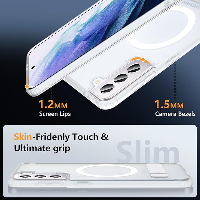 OWKEY for Samsung Galaxy S21 Case with Stand, Magnetic Shockproof Case Fit for Magsafe Translucent Matte Cover for Samsung S21, White