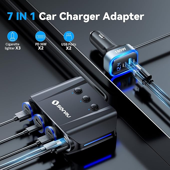 7 in 1 Cigarette Lighter Splitter,SONRU 180W (Max 192W) Cigarette Lighter Adapter with Dual PD 36W/QC3.0 Charge,24V/12V Car Charger Adapter(3.7FT Cable),Independent Switches & LED Voltage Display