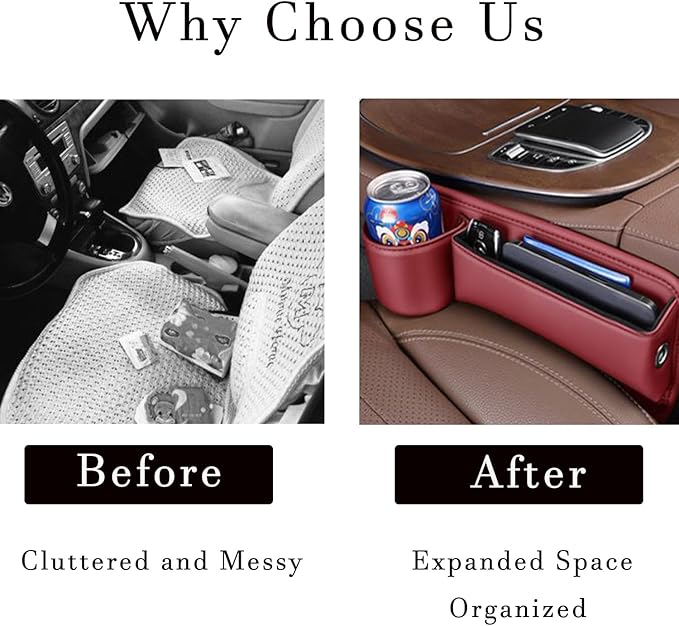 Car Seat Gap Filler with Cup Holder Multi Functional Leather Organizer for Vehicles Universal Storage Box for Drivers Side Car Seat Bags for Phones Glasses Keys Cards Ideal for Men and Women (Black)