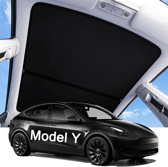 2026 Upgraded Tesla Model Y Sunshade Roof, UPF200+ Roof Sunshade with Storage Bag, No-Sag & No-Gaps Heat Insulation Foldable Glass Roof Sun Shade, Tesla Model Y Accessories MY20-24 Black