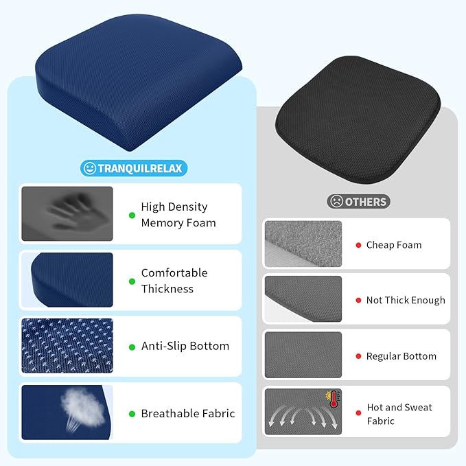 XLarge Seat Cushion, Memory Foam Cushion for Long Sitting Hours on Office Chair, Home & Car, Non-Slip Chair Pad for Relieving Back & Sciatica & Hip & Coccyx Pain (Blue)